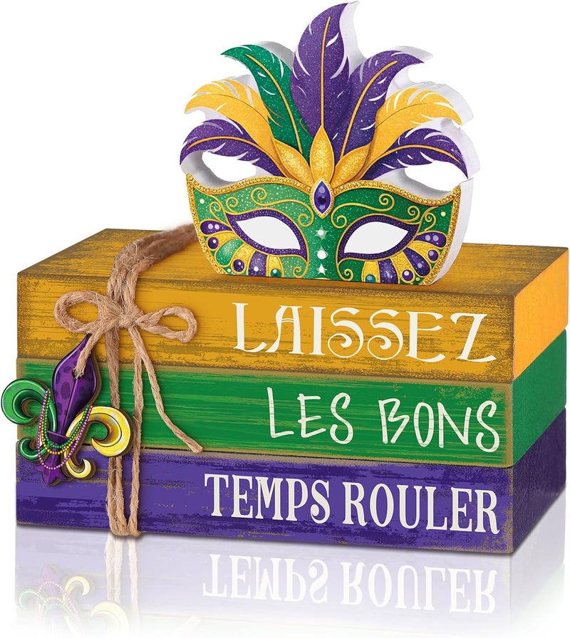 Anglechic 4 Pcs Mardi Gras Decorations for Home Mardi Gras Centerpieces Masquerade Masks Table Decorations Farmhouse Wooden Tabletop Blocks Sign for Rustic Tiered Tray Shelf Office Carnival - Image 1